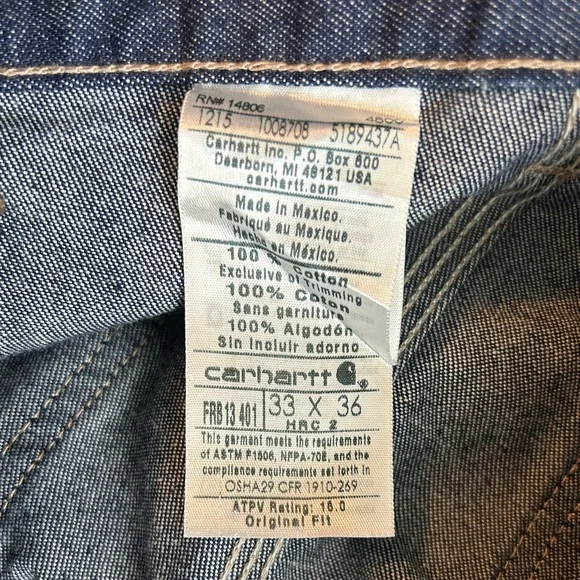Carhartt Flame Resistant Denim Dungarees 2 Piece Bundle Size 33x36